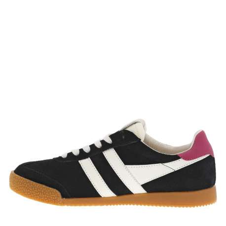 Baskets tennis en croûte de cuir noires à talon plat et à lacets plats blancs