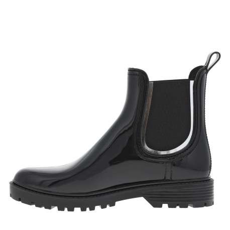 Boots noires à talon décroché bas et à soufflets élastiqués et détail argenté