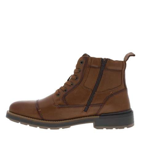 Bottines en cuir cognac à talon plat et à lacets plats et zip latéral