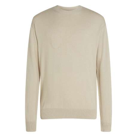 Pull en coton beige uni avec une coupe droite et logo embossé