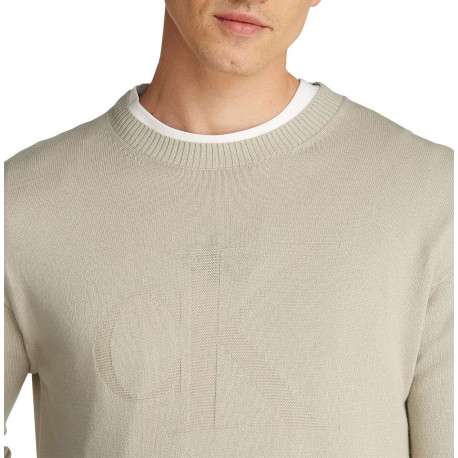 Pull en coton beige uni avec une coupe droite et logo embossé - Image 3