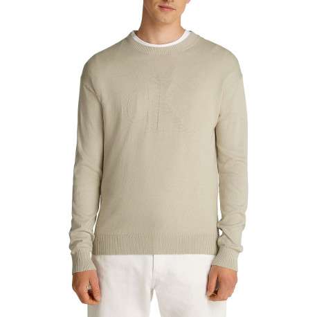 Pull en coton beige uni avec une coupe droite et logo embossé - Image 4