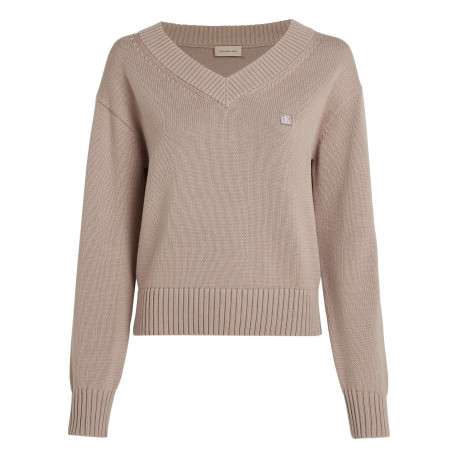 Pull en coton mauve uni avec logo iconique et une coupe droite à col v