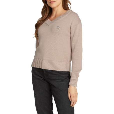Pull en coton mauve uni avec logo iconique et une coupe droite à col v - Image 4