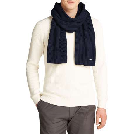 Echarpe en coton marine unie avec patch brodé au nom de la marque - Image 3