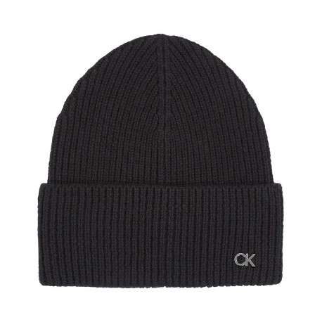 Bonnet en laine noir uni avec logo métallique à l'avant en argenté
