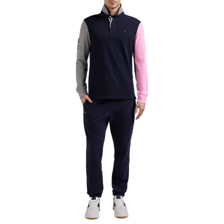 Sweat marine à coupe droite, col polo avec une manche rose et une grise