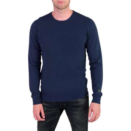 Pull bleu marine en maille uni avec une coupe près du corps et un col rond