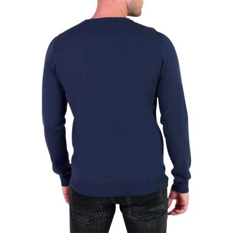 Pull bleu marine en maille uni avec une coupe près du corps et un col rond - Image 2