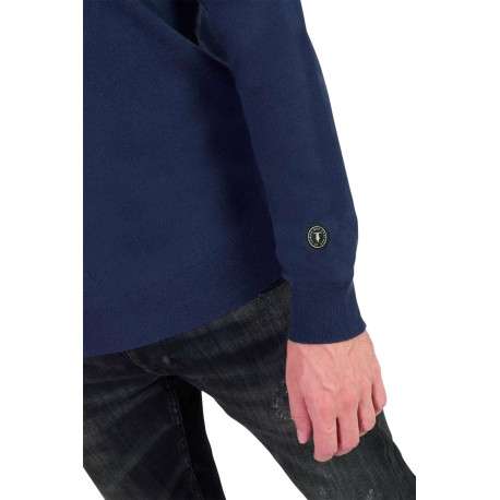 Pull bleu marine en maille uni avec une coupe près du corps et un col rond - Image 6