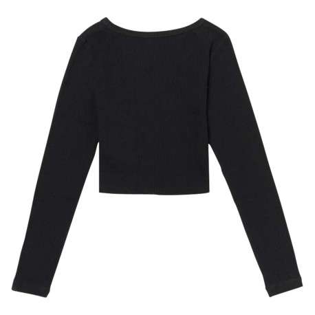 Crop top à manches longues en coton noir côtelé avec une coupe près du corps - Image 2