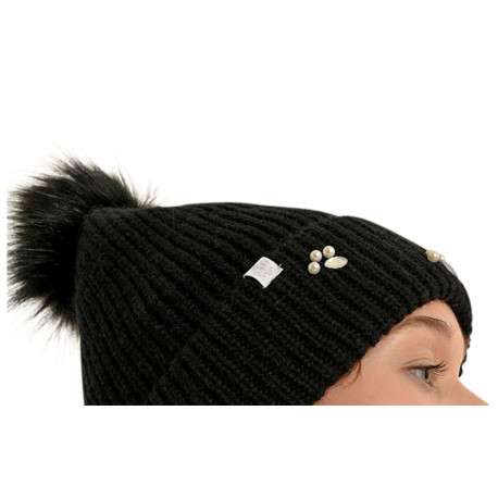 Bonnet noir avec perles blanches, à revers avec pompon noir à poils - Image 2