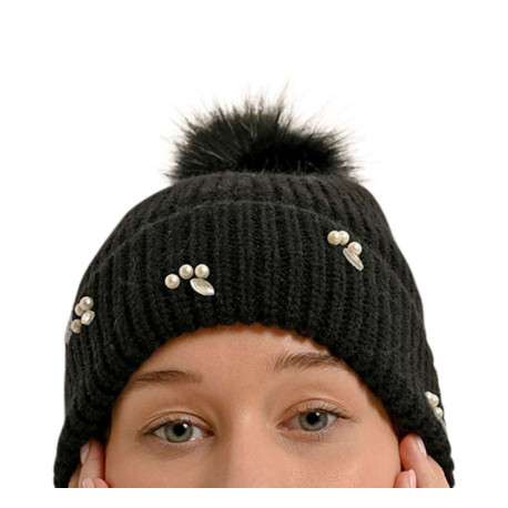 Bonnet noir avec perles blanches, à revers avec pompon noir à poils - Image 3
