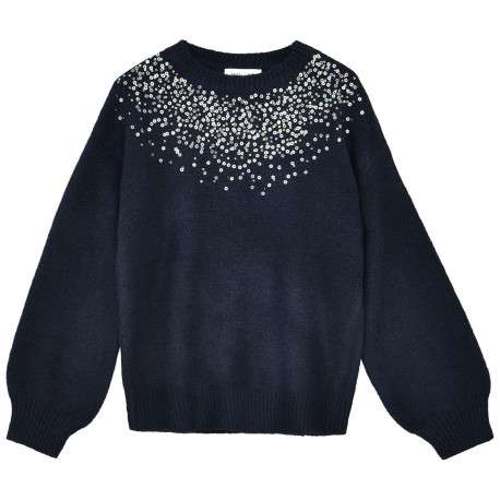 Pull marine à sequins avec une coupe droite, col rond et à manches longues