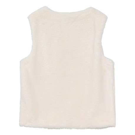 Gilet écru uni droit à col v et sans manches en fausse fourrure - Image 2