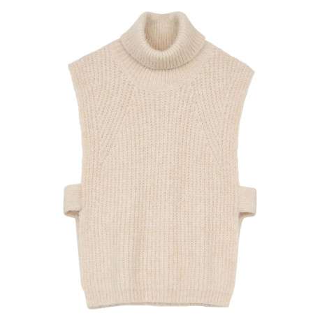 Pull écru uni droit à col roulé et sans manches avec grandes ouvertures