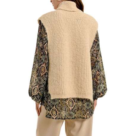 Pull écru uni droit à col roulé et sans manches avec grandes ouvertures - Image 2