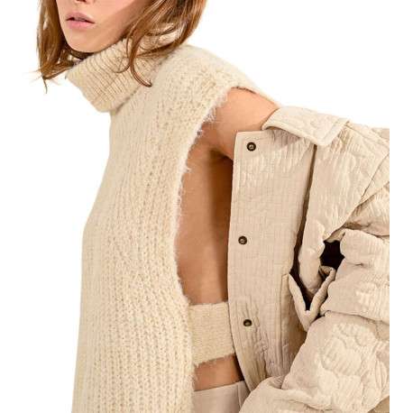 Pull écru uni droit à col roulé et sans manches avec grandes ouvertures - Image 3