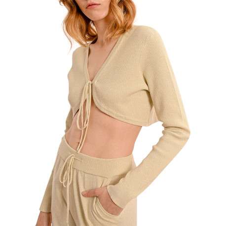 Gilet blanc uni à coupe crop top à col v et à manches longues en lurex