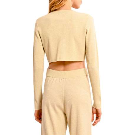 Gilet blanc uni à coupe crop top à col v et à manches longues en lurex - Image 2