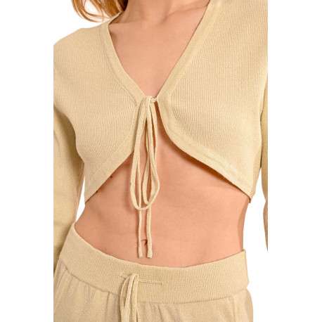 Gilet blanc uni à coupe crop top à col v et à manches longues en lurex - Image 3