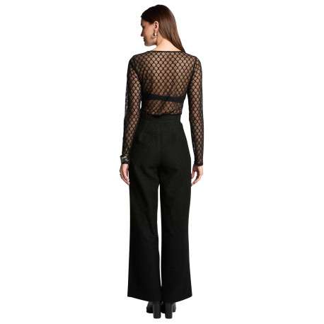 Chino noir uni en tweed à coupe bootcut, taille haute avec 1 bouton doré - Image 2