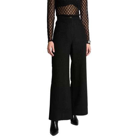 Chino noir uni en tweed à coupe bootcut, taille haute avec 1 bouton doré - Image 4