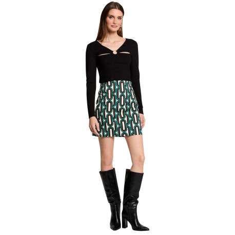 Jupe courte verte en coton à motifs géométriques avec une coupe trapèze et zip - Image 3