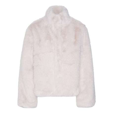 Veste en fourrure écrue unie avec un col montant et une coupe courte