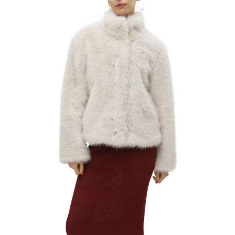 Veste en fourrure écrue unie avec un col montant et une coupe courte - Image 4