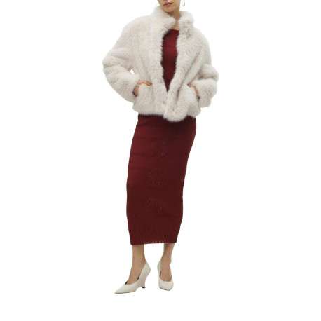 Veste en fourrure écrue unie avec un col montant et une coupe courte - Image 5