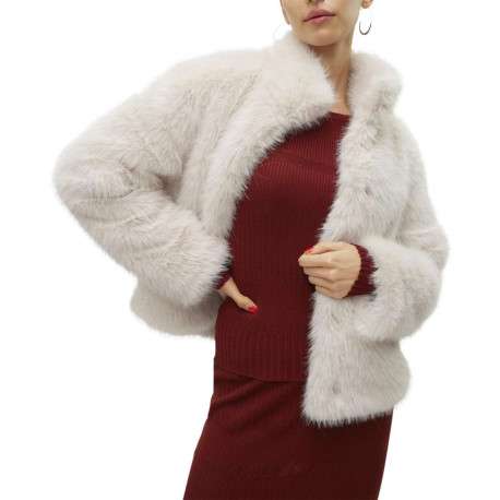 Veste en fourrure écrue unie avec un col montant et une coupe courte - Image 6