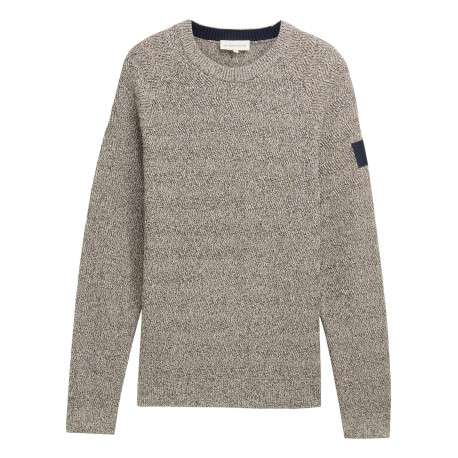 Pull en coton beige moucheté à coupe droite, col rond et manches longues - Image 7