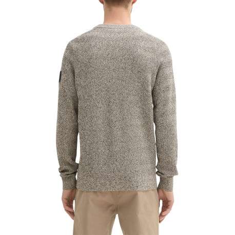 Pull en coton beige moucheté à coupe droite, col rond et manches longues - Image 8