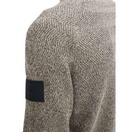 Pull en coton beige moucheté à coupe droite, col rond et manches longues - Image 9