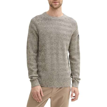 Pull en coton beige moucheté à coupe droite, col rond et manches longues - Image 10