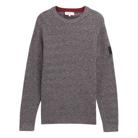 Pull en coton marine moucheté droit à col rond en mailles zigzag