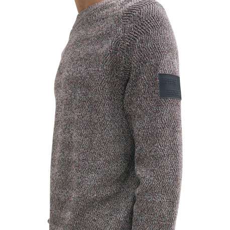 Pull en coton marine moucheté droit à col rond en mailles zigzag - Image 3