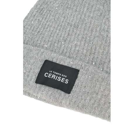 Bonnet gris uni à revers avec fils en lurex et étiquette noire de la marque - Image 2