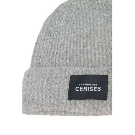 Bonnet gris uni à revers avec fils en lurex et étiquette noire de la marque - Image 3