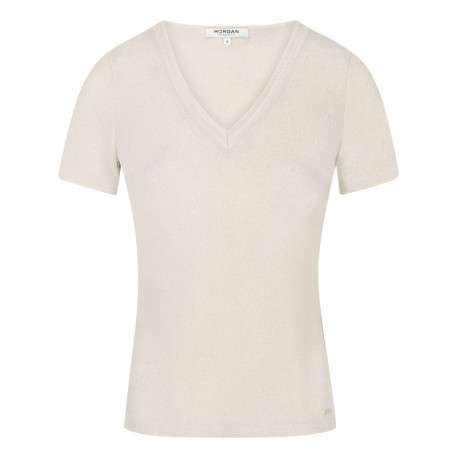 T-shirt écru uni avec une coupe droite à col v et des manches courtes