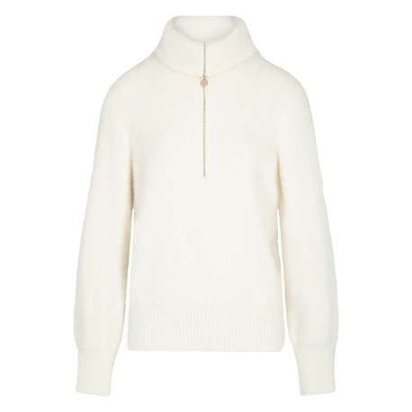 Pull écru uni avec une coupe droite à col montant et une fermeture zippée