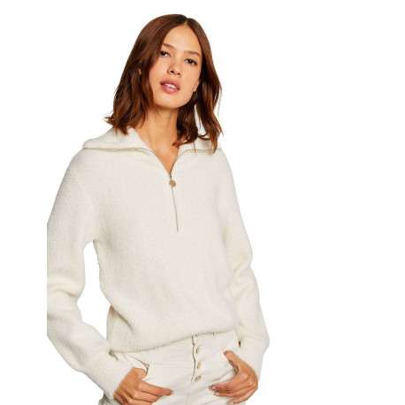 Pull écru uni avec une coupe droite à col montant et une fermeture zippée - Image 3