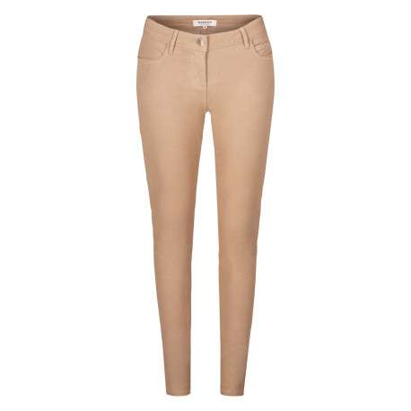Pantalon 5 Poches beige uni avec une coupe slim et des passants pour ceinture