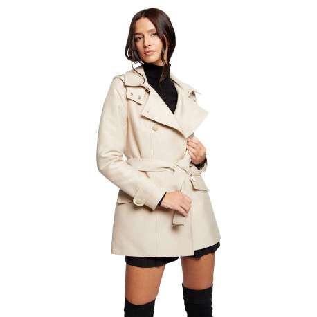 Trench coat beige uni avec une coupe droite et un col à capuche - Image 3