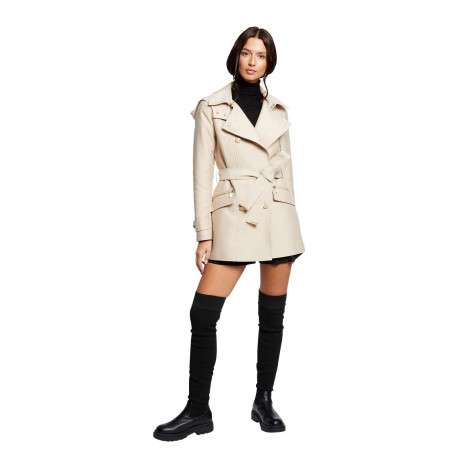 Trench coat beige uni avec une coupe droite et un col à capuche - Image 5