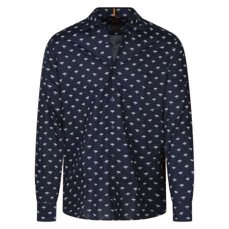 Chemise manches longues en coton bleue marine imprimée et avec un col français