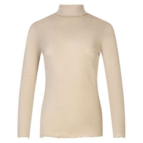 T-shirt beige uni avec une coupe droite à col montant et à paillettes