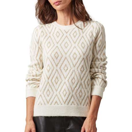Pull écru à motif losanges à coupe droite, col rond et à manches longues