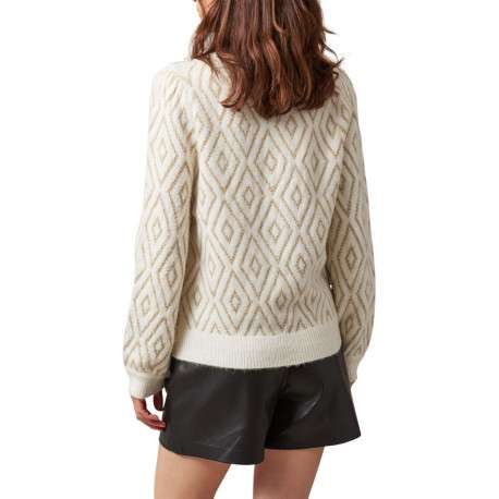 Pull écru à motif losanges à coupe droite, col rond et à manches longues - Image 2